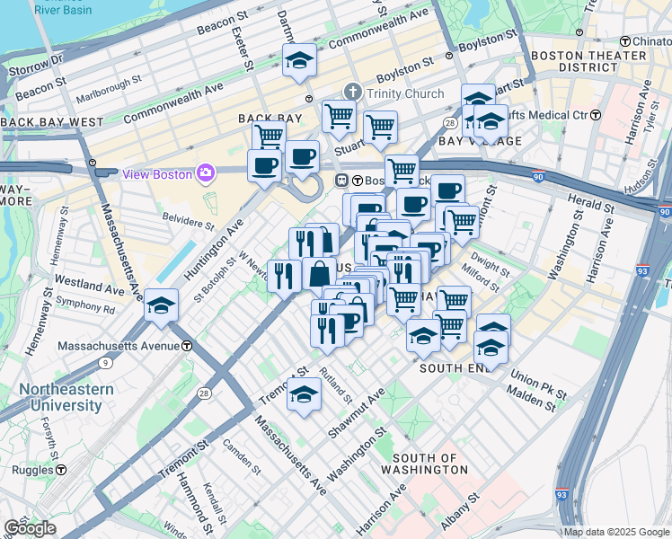 map of restaurants, bars, coffee shops, grocery stores, and more near 174 West Canton Street in Boston