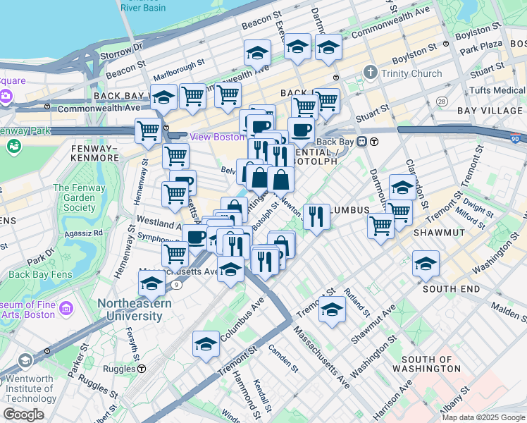 map of restaurants, bars, coffee shops, grocery stores, and more near 127 Saint Botolph Street in Boston