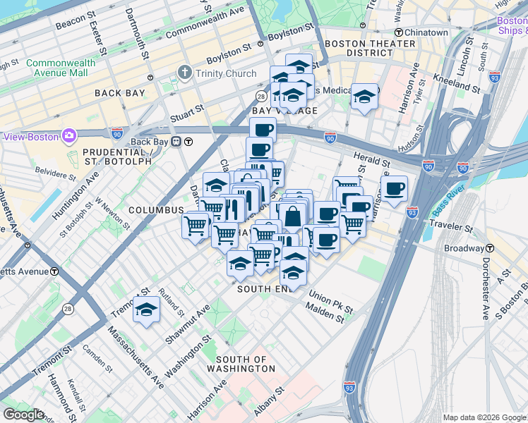 map of restaurants, bars, coffee shops, grocery stores, and more near 3 Hanson Street in Boston