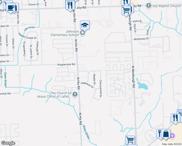 map of restaurants, bars, coffee shops, grocery stores, and more near 7713 Maple Drive in Westland