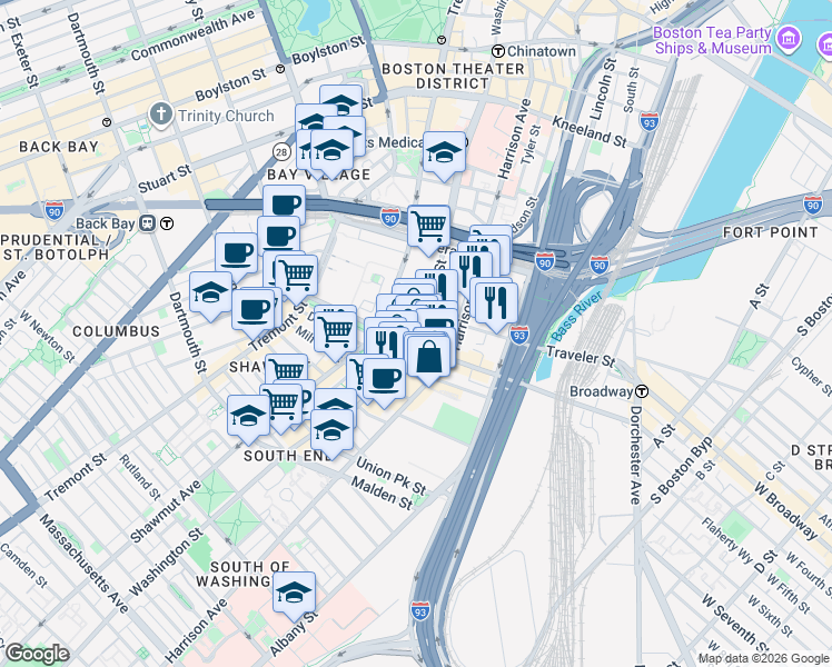 map of restaurants, bars, coffee shops, grocery stores, and more near 1102 Washington Street in Boston