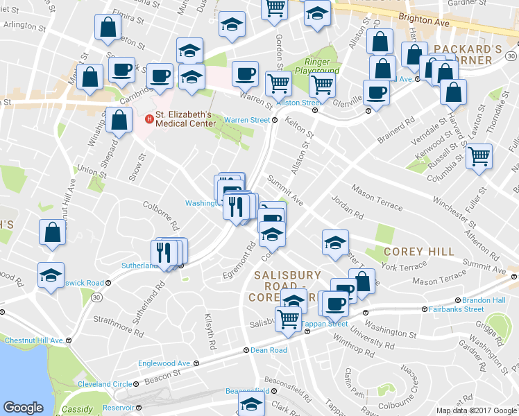 map of restaurants, bars, coffee shops, grocery stores, and more near 319 Allston Street in Boston