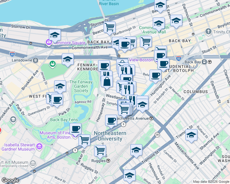 map of restaurants, bars, coffee shops, grocery stores, and more near 54-56 Burbank Street in Boston