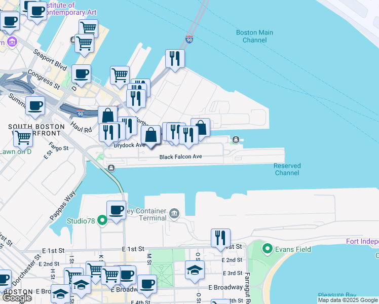 map of restaurants, bars, coffee shops, grocery stores, and more near 23 Dry Dock Avenue in Boston