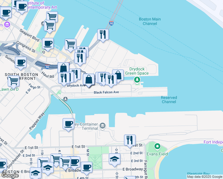 map of restaurants, bars, coffee shops, grocery stores, and more near 23 Dry Dock Avenue in Boston
