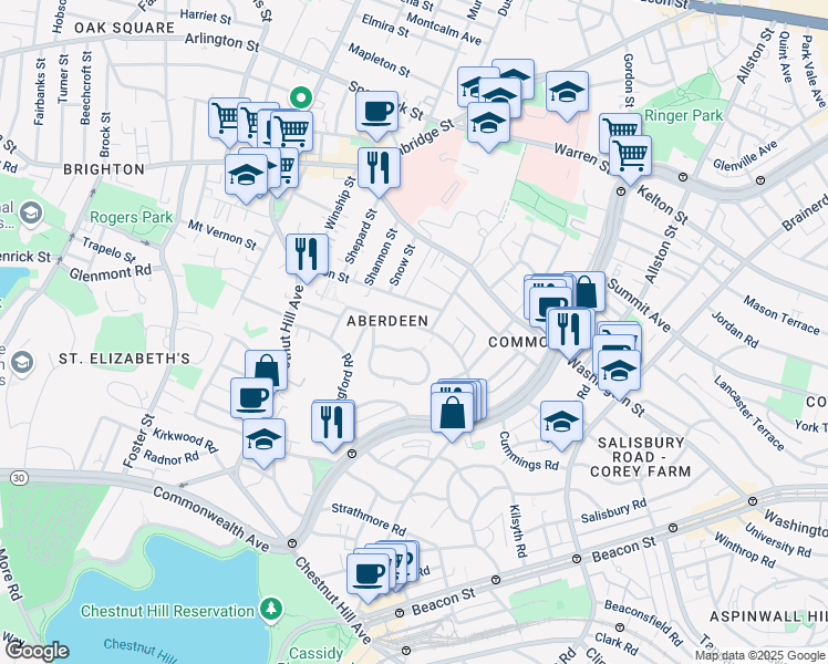 map of restaurants, bars, coffee shops, grocery stores, and more near 107 Nottinghill Road in Boston
