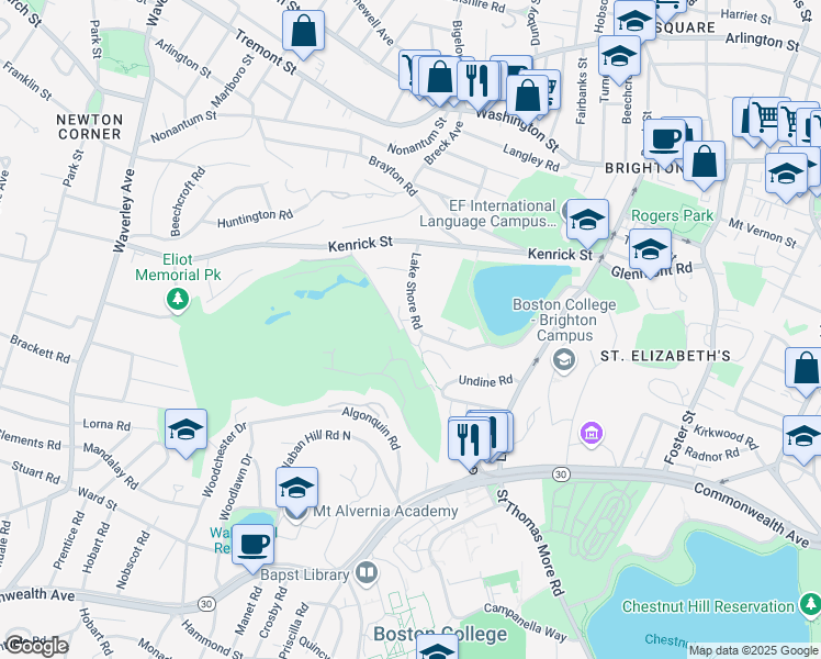 map of restaurants, bars, coffee shops, grocery stores, and more near 154 Lake Shore Road in Boston