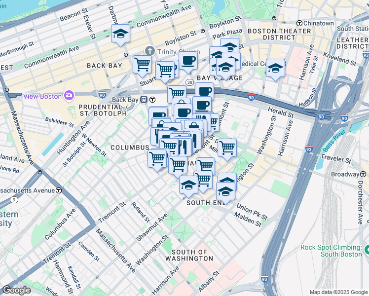 map of restaurants, bars, coffee shops, grocery stores, and more near 77 Warren Avenue in Boston