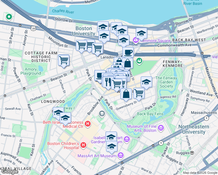 map of restaurants, bars, coffee shops, grocery stores, and more near 181 Brookline Avenue in Boston