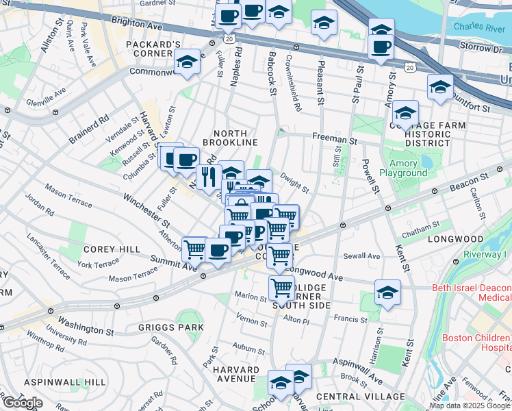 map of restaurants, bars, coffee shops, grocery stores, and more near 51 John Street in Brookline