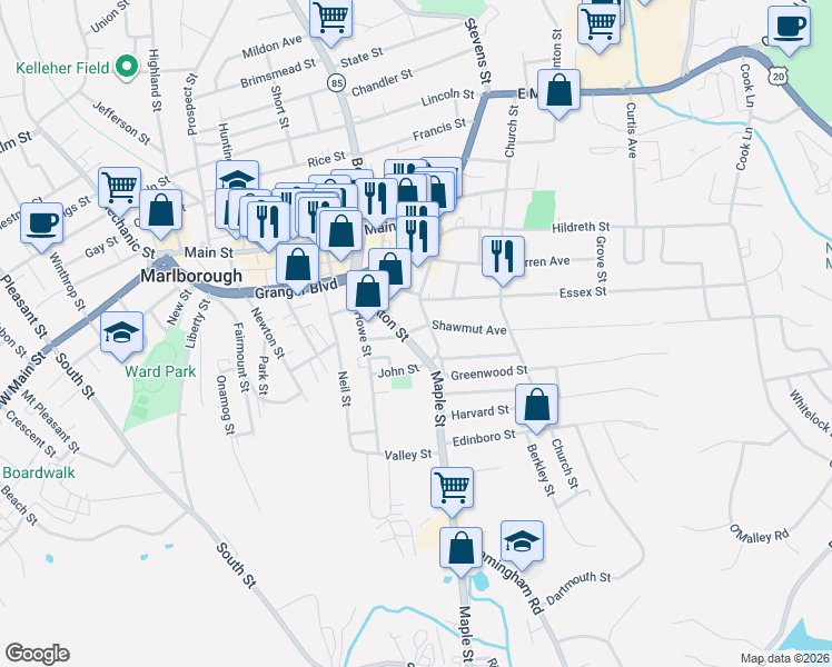 map of restaurants, bars, coffee shops, grocery stores, and more near 12 Bridge Street in Marlborough
