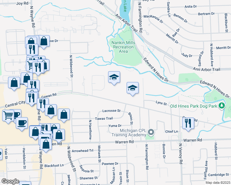 map of restaurants, bars, coffee shops, grocery stores, and more near 33740 Cowan Road in Westland