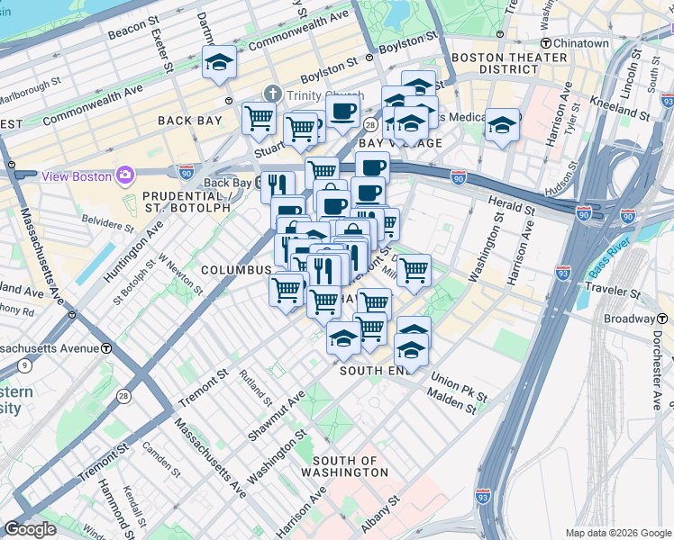 map of restaurants, bars, coffee shops, grocery stores, and more near in Boston