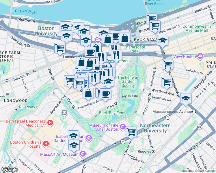 map of restaurants, bars, coffee shops, grocery stores, and more near in Boston