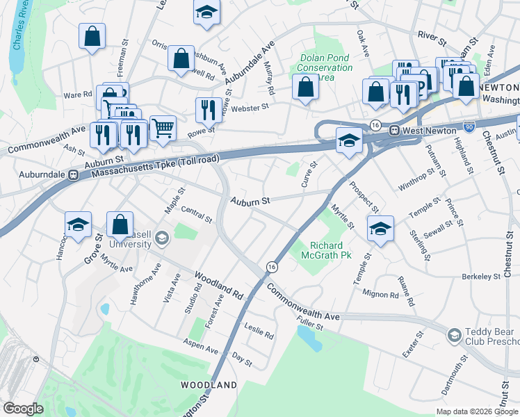 map of restaurants, bars, coffee shops, grocery stores, and more near 15 Normandy Road in Newton