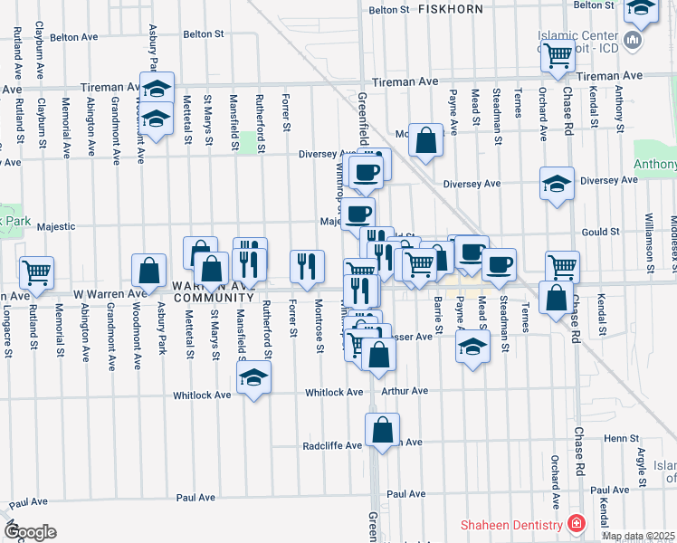 map of restaurants, bars, coffee shops, grocery stores, and more near 7235 Winthrop Street in Detroit
