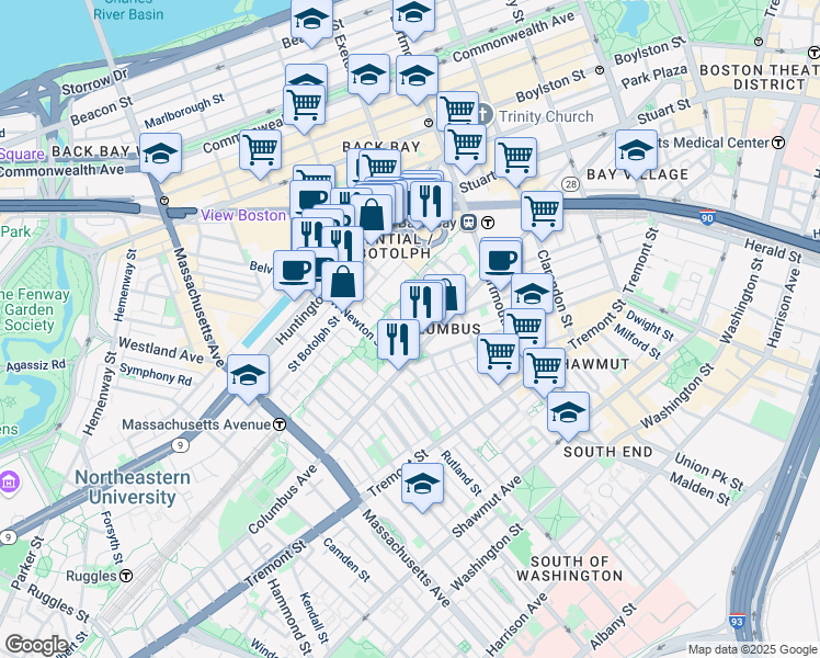 map of restaurants, bars, coffee shops, grocery stores, and more near in Boston