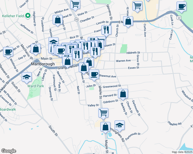 map of restaurants, bars, coffee shops, grocery stores, and more near 55 Maple Street in Marlborough