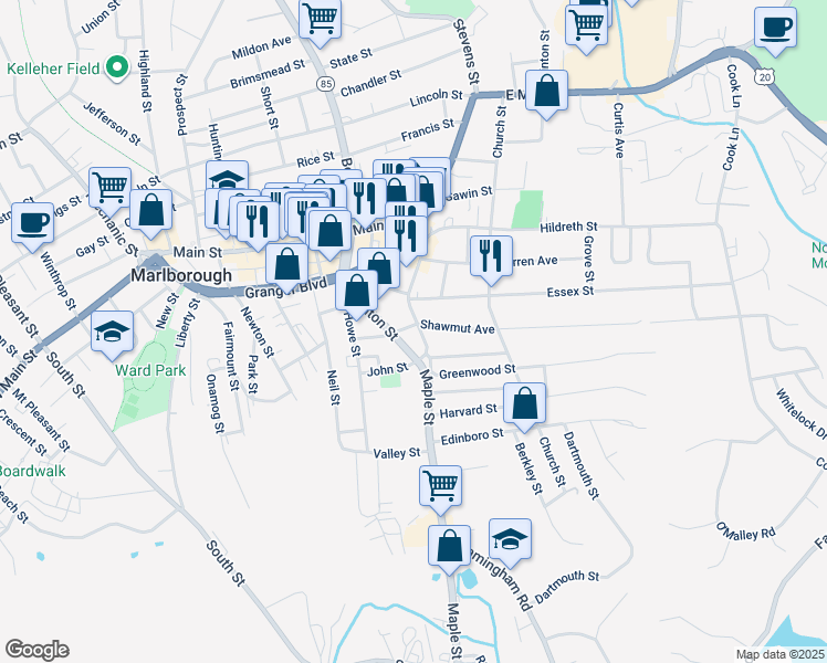 map of restaurants, bars, coffee shops, grocery stores, and more near 55 Maple Street in Marlborough