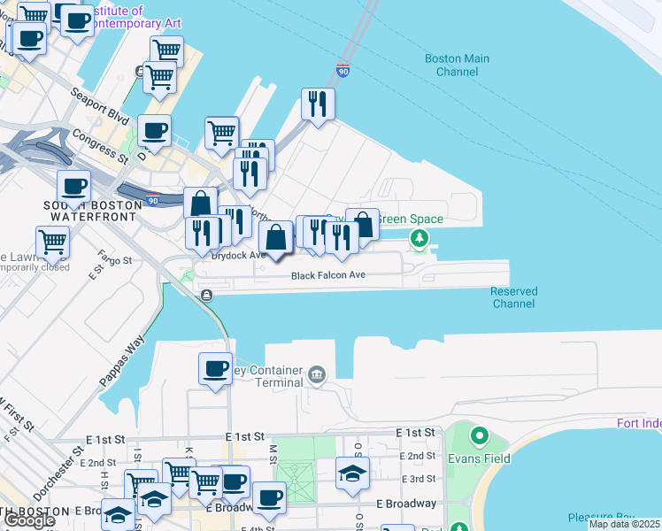 map of restaurants, bars, coffee shops, grocery stores, and more near 32 Drydock Avenue in Boston