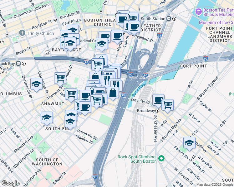 map of restaurants, bars, coffee shops, grocery stores, and more near 348 Harrison Avenue in Boston