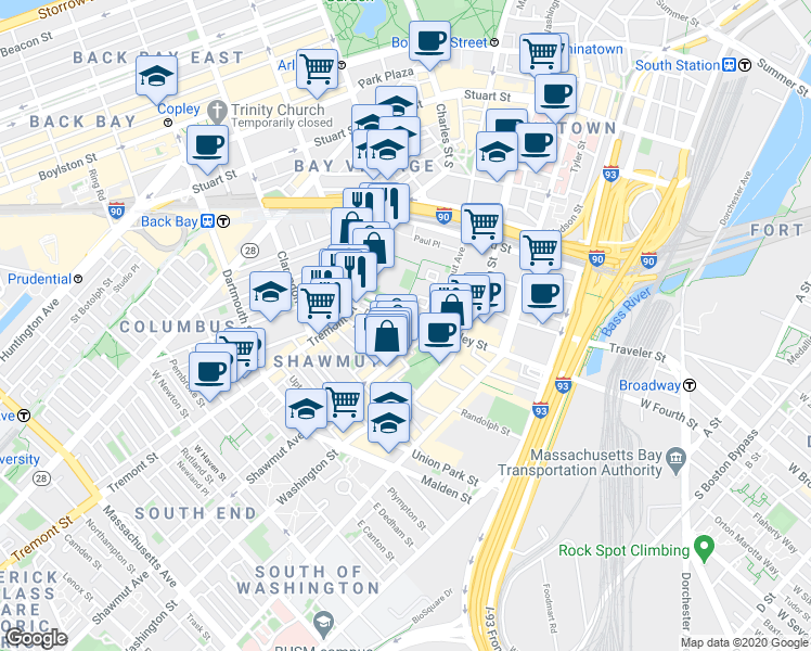 map of restaurants, bars, coffee shops, grocery stores, and more near 58 East Berkeley Street in Boston