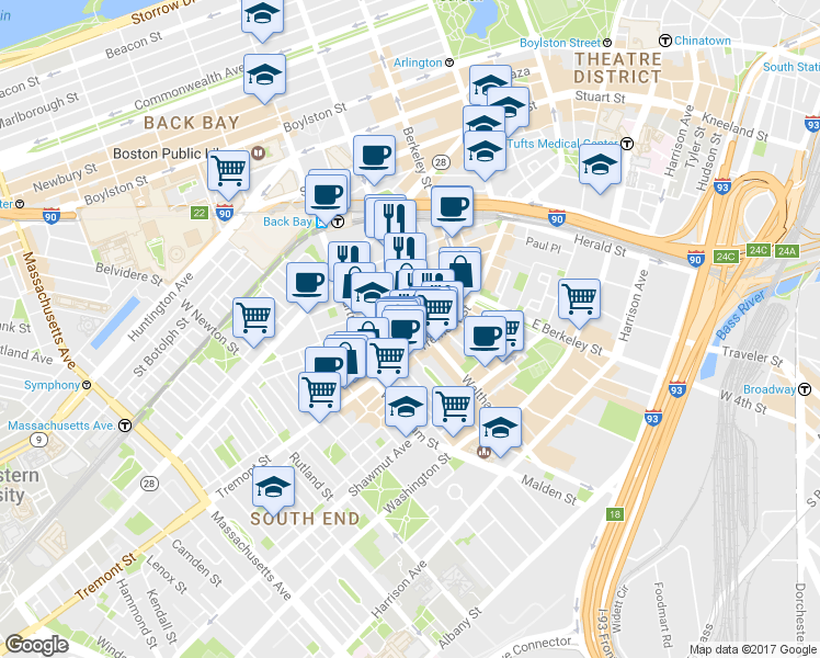 map of restaurants, bars, coffee shops, grocery stores, and more near in Boston