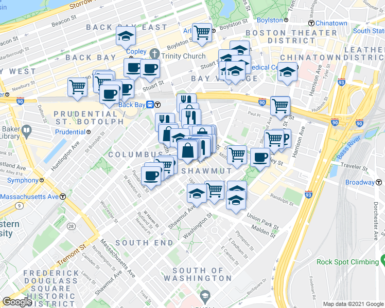 map of restaurants, bars, coffee shops, grocery stores, and more near 77 Warren Avenue in Boston