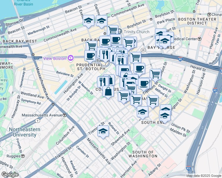 map of restaurants, bars, coffee shops, grocery stores, and more near 376-376A Columbus Avenue in Boston