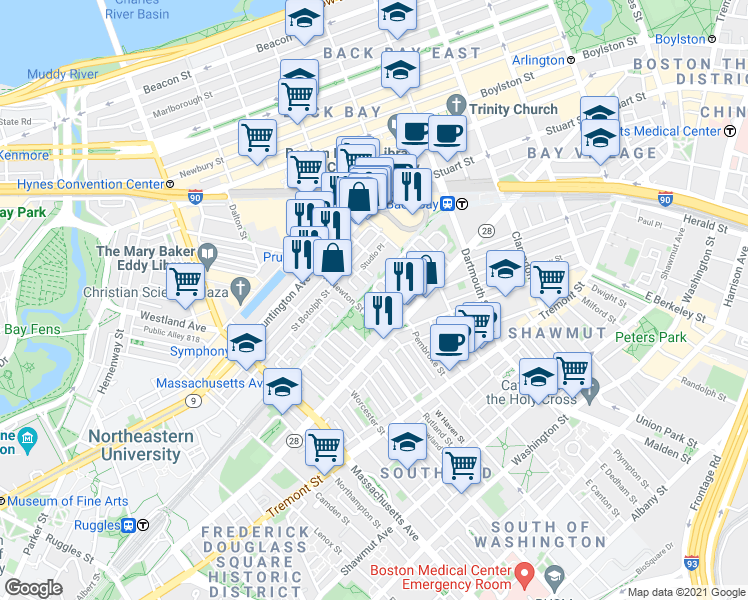 map of restaurants, bars, coffee shops, grocery stores, and more near 30 Garrison Street in Boston
