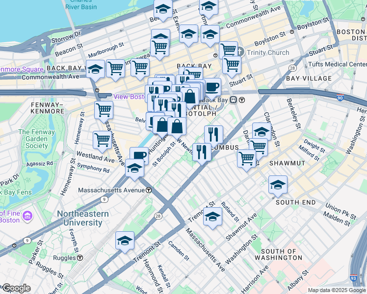 map of restaurants, bars, coffee shops, grocery stores, and more near 94 Saint Botolph Street in Boston