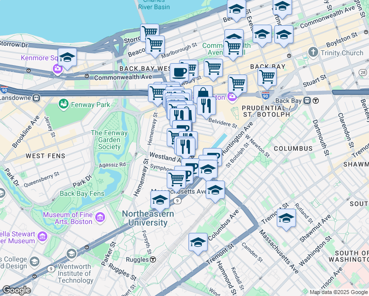 map of restaurants, bars, coffee shops, grocery stores, and more near 216 Massachusetts Avenue in Boston