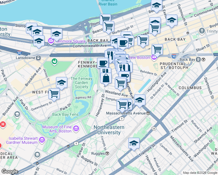map of restaurants, bars, coffee shops, grocery stores, and more near 56-60 Hemenway Street in Boston