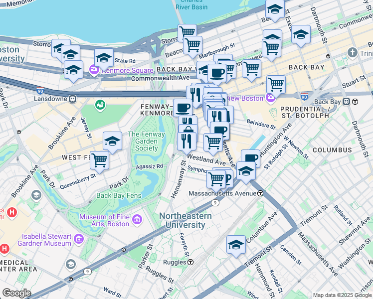 map of restaurants, bars, coffee shops, grocery stores, and more near 56-60 Hemenway Street in Boston