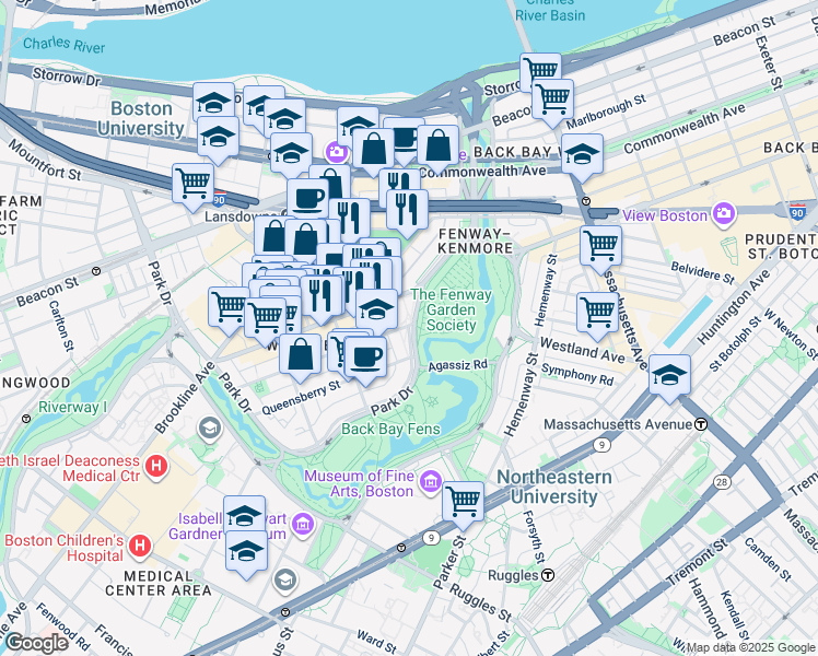 map of restaurants, bars, coffee shops, grocery stores, and more near in Boston
