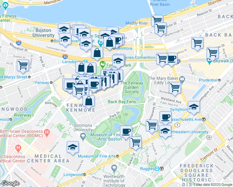 map of restaurants, bars, coffee shops, grocery stores, and more near in Boston