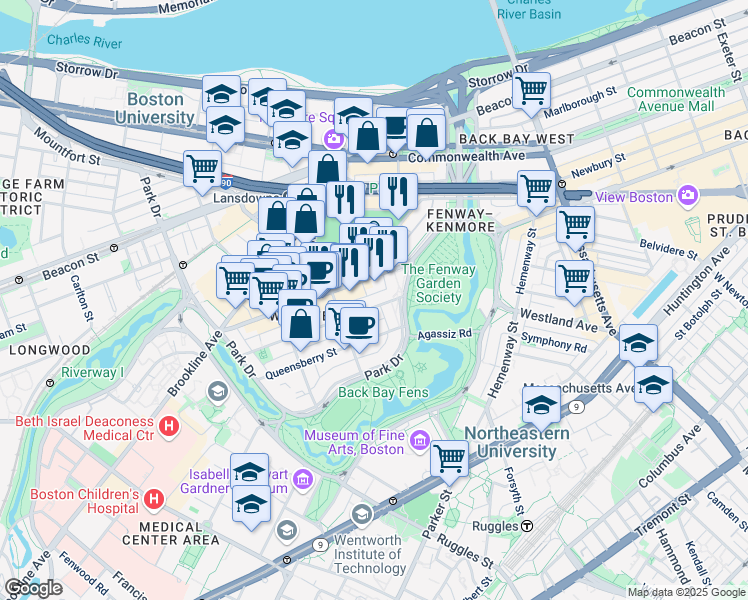 map of restaurants, bars, coffee shops, grocery stores, and more near in Boston