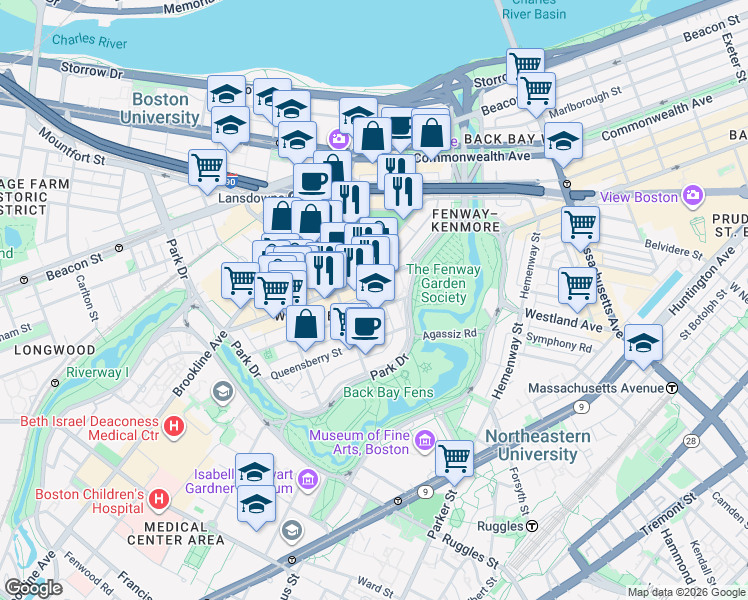 map of restaurants, bars, coffee shops, grocery stores, and more near in Boston