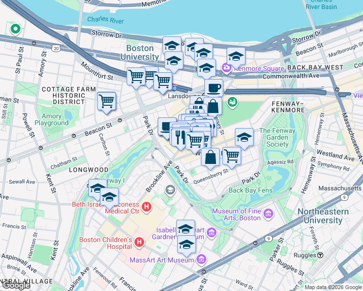 map of restaurants, bars, coffee shops, grocery stores, and more near 132 Fullerton Street in Boston