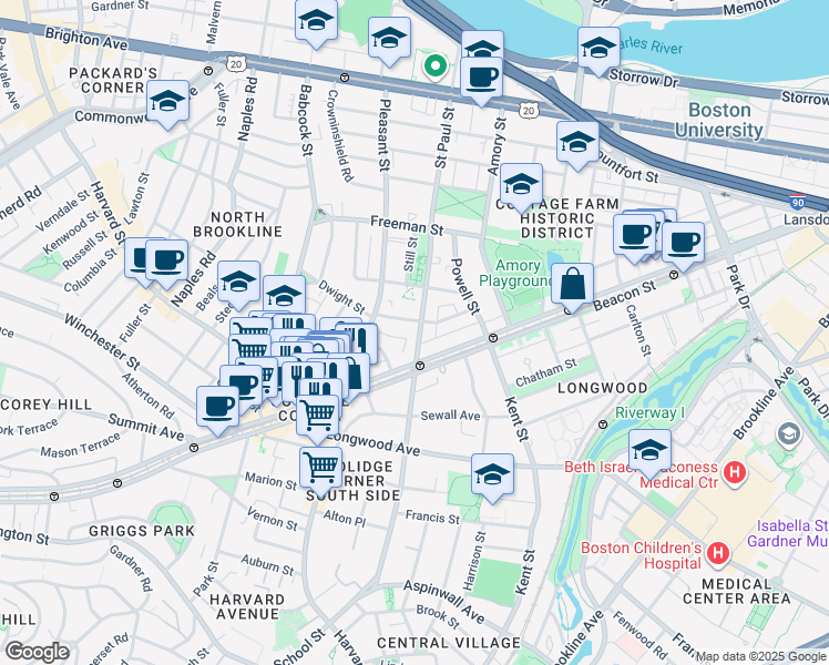 map of restaurants, bars, coffee shops, grocery stores, and more near 217 Saint Paul Street in Brookline