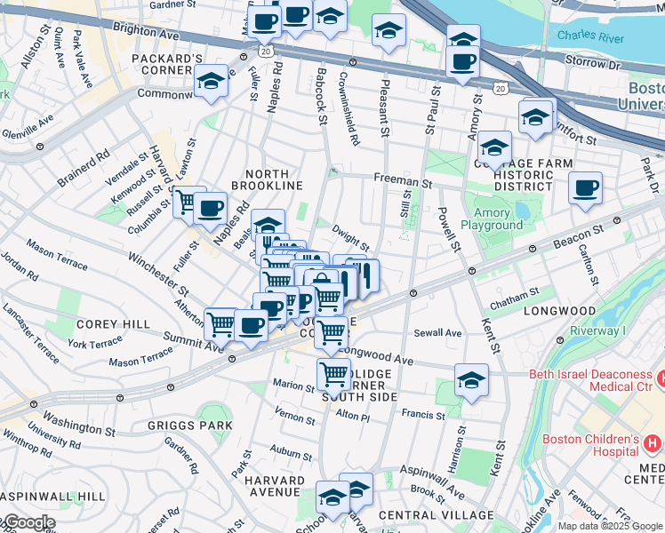 map of restaurants, bars, coffee shops, grocery stores, and more near 62 Green Street in Brookline