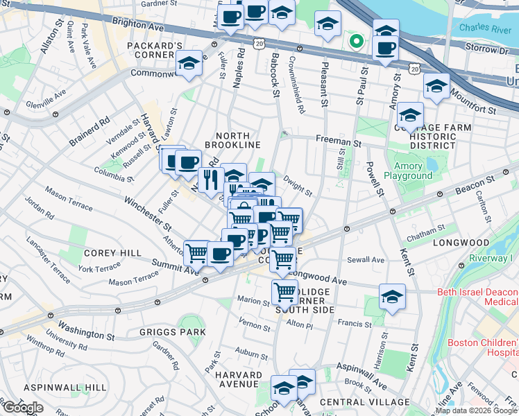 map of restaurants, bars, coffee shops, grocery stores, and more near 51 John Street in Brookline