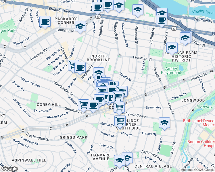 map of restaurants, bars, coffee shops, grocery stores, and more near 51 John Street in Brookline