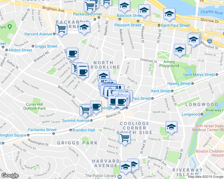 map of restaurants, bars, coffee shops, grocery stores, and more near 51 John Street in Brookline