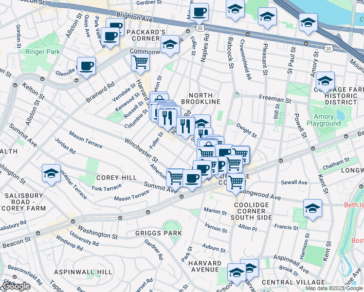 map of restaurants, bars, coffee shops, grocery stores, and more near 13 Beals Street in Brookline