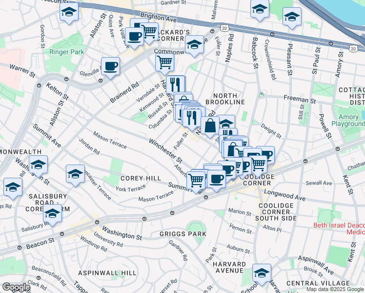 map of restaurants, bars, coffee shops, grocery stores, and more near 31 Coolidge Street in Brookline