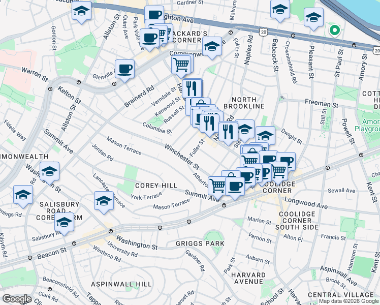 map of restaurants, bars, coffee shops, grocery stores, and more near 31 Coolidge Street in Brookline