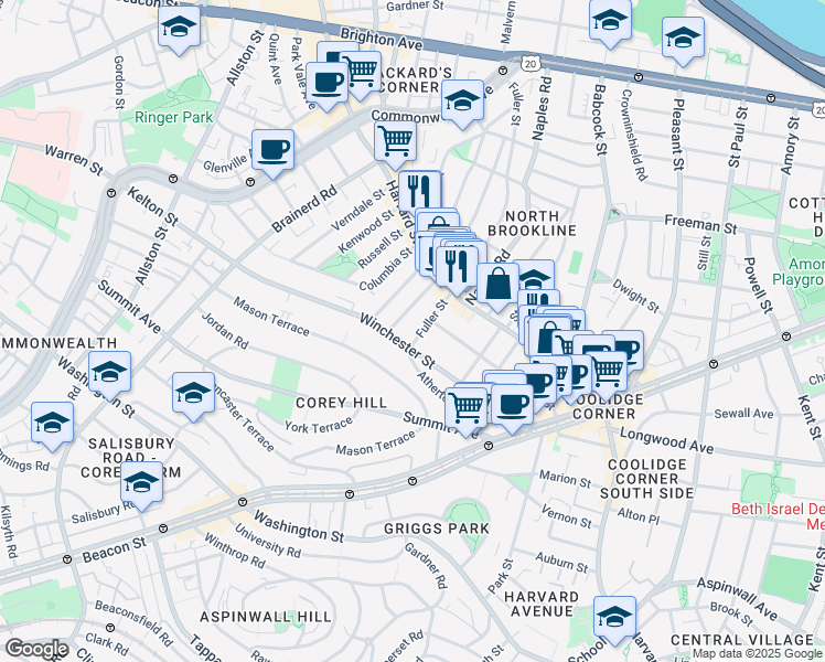 map of restaurants, bars, coffee shops, grocery stores, and more near 31 Coolidge Street in Brookline