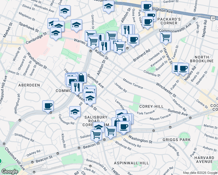 map of restaurants, bars, coffee shops, grocery stores, and more near 246 Corey Road in Boston