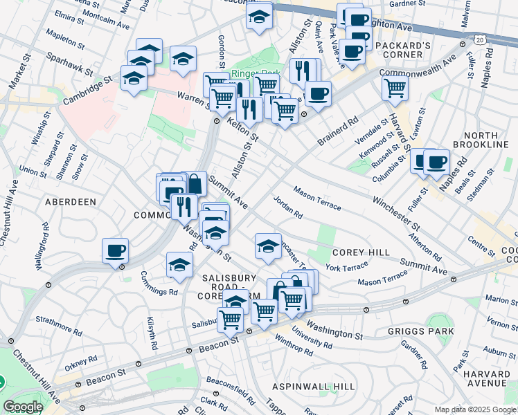 map of restaurants, bars, coffee shops, grocery stores, and more near 246 Corey Road in Boston